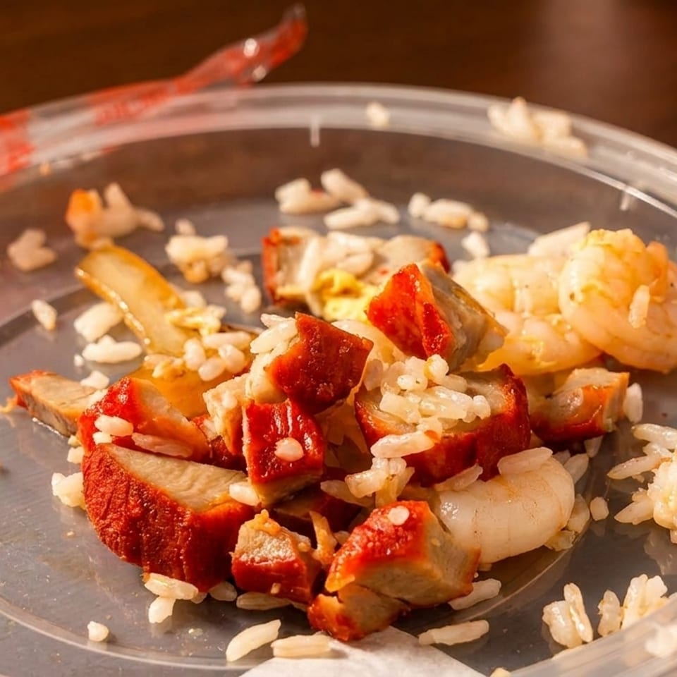 Leftover rice, char siu pork, and shrimp in a clear plastic takeout container.
