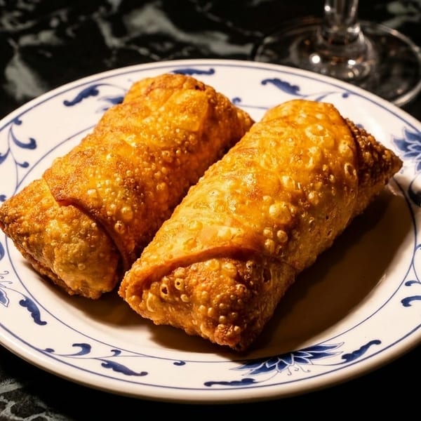 Two crispy, golden-brown egg rolls on a white plate with blue floral patterns, on a dark marble table.