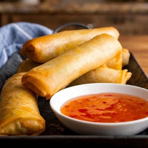 Golden fried spring rolls on a black plate with a side of sweet chili dipping sauce.