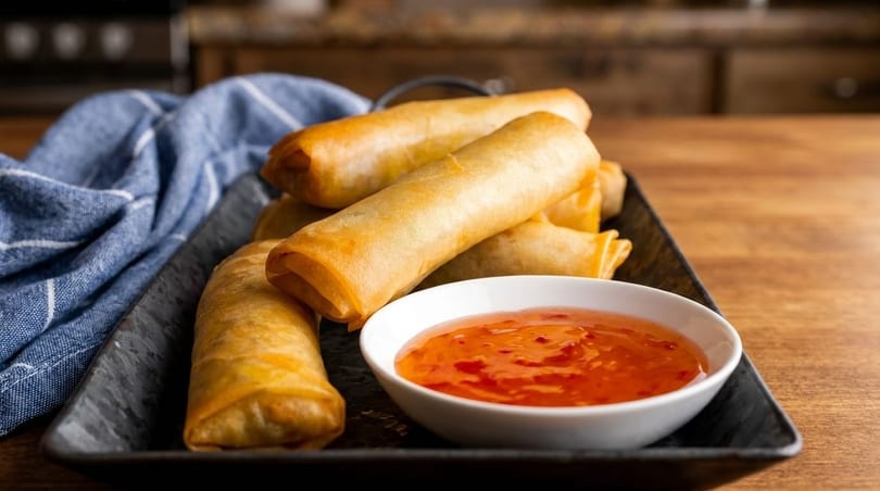 Golden fried spring rolls on a black plate with a side of sweet chili dipping sauce.